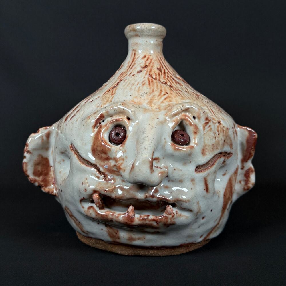 Handmade SIGNED Ceramic Stoneware Face Jug Ugly Folk Art Pottery Glaze 8"